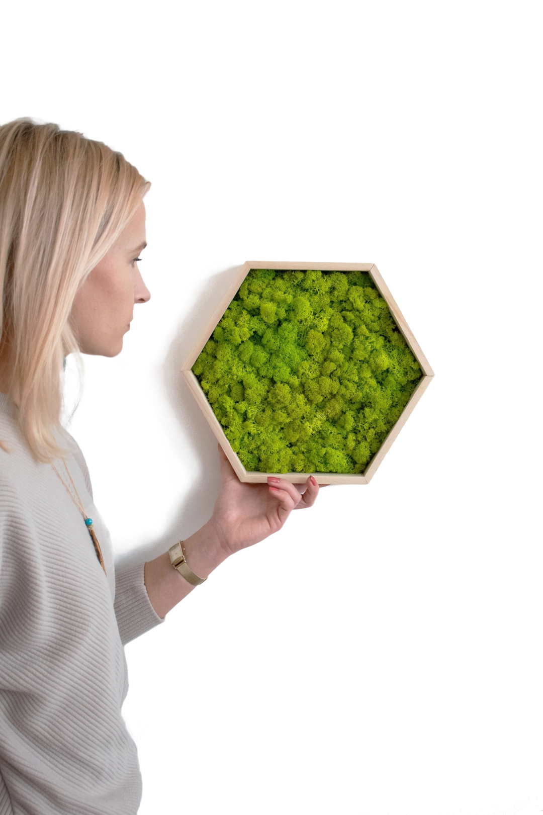 Sandra with hexagon hive spring green moss product studio photo