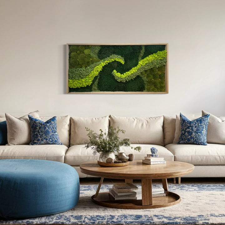 model wave moss picture in living room above couch