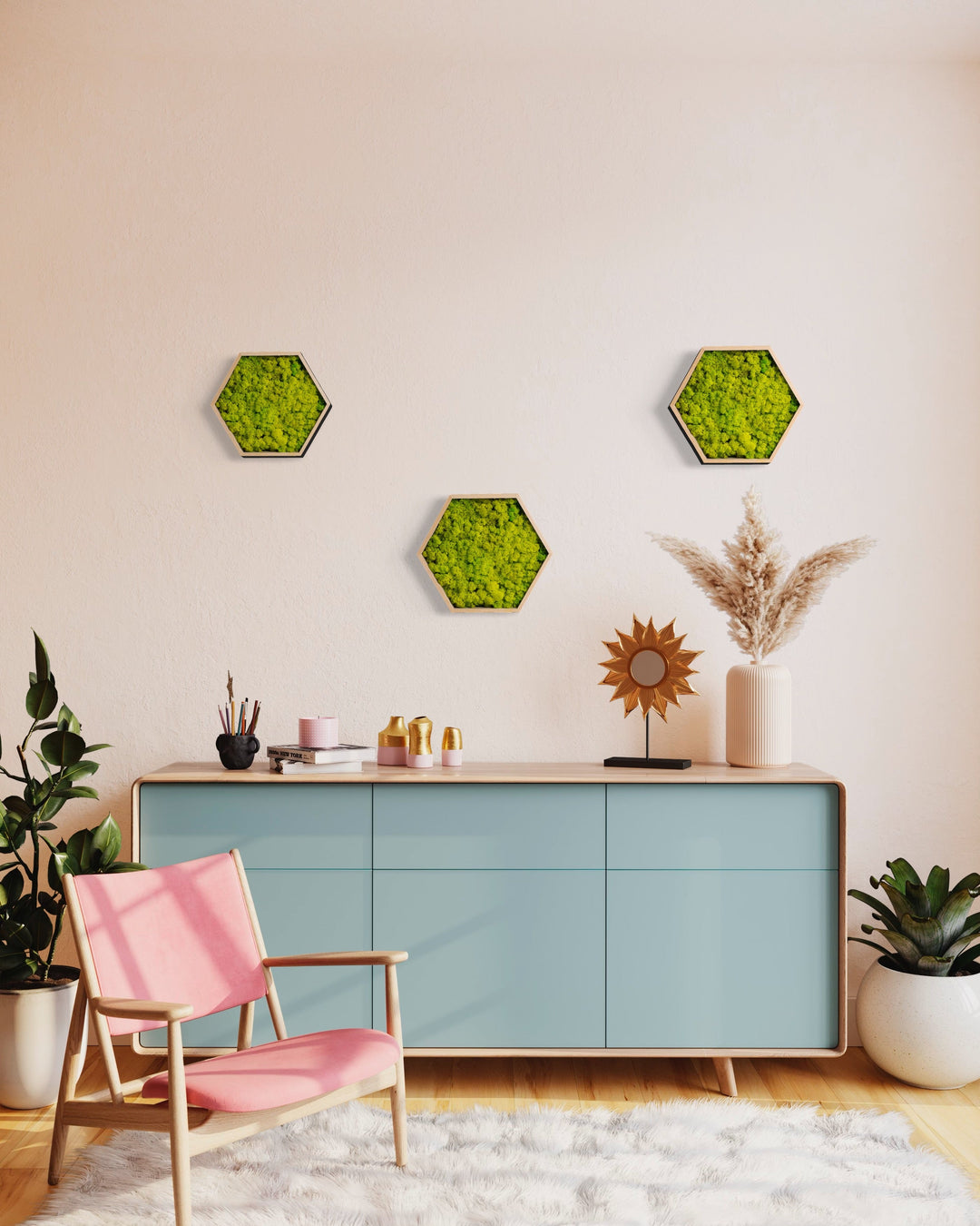 hexagon hive 3 pieces for living wall decoration in living room - spring green color