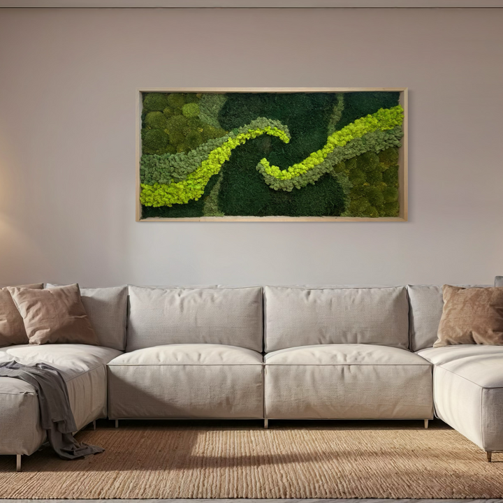 moss art picture above sofa in living room