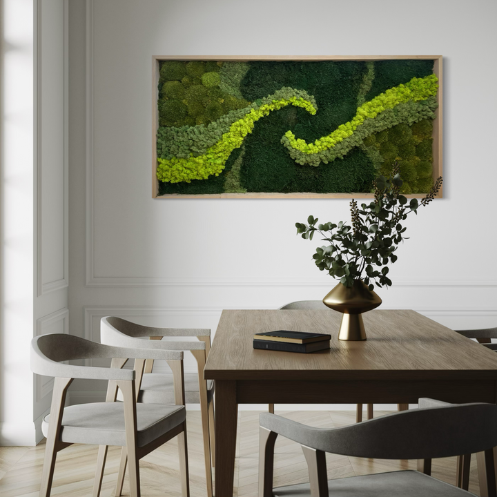 big moss art picture in dining room next to the table