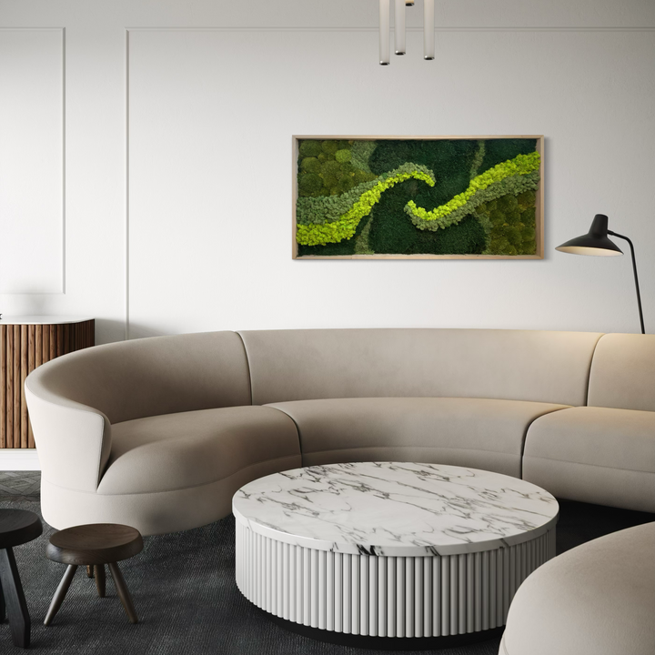 moss wave art picture in elegant and minimal living room above sofa