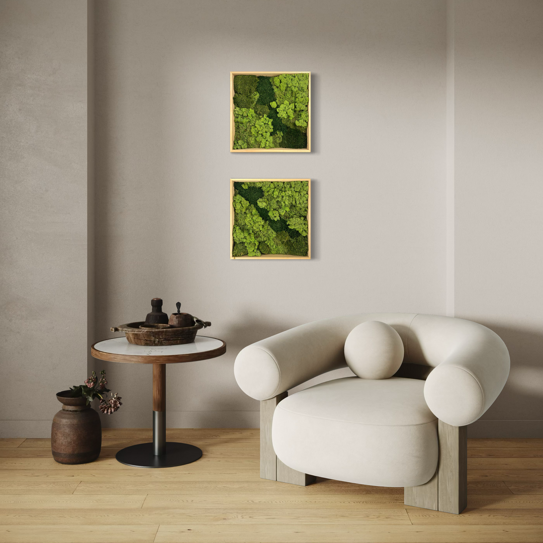 green walls with moss + wooden frame
2 squares