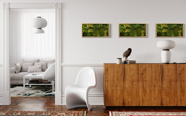 triple moss pieces on the wall for anti stress decor in white style home