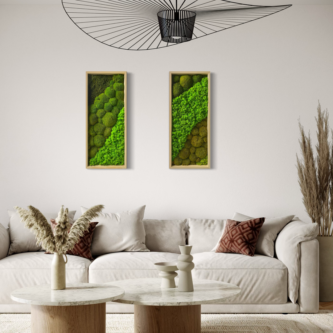 rander double moss picture / green wall pucture above the sofa in white, new and elegant living space