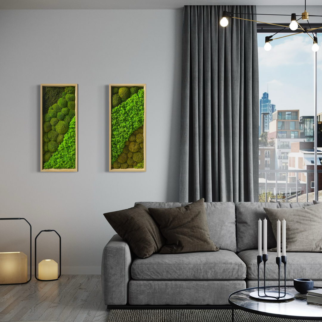 double moss / green picture in elegant living room next to the window